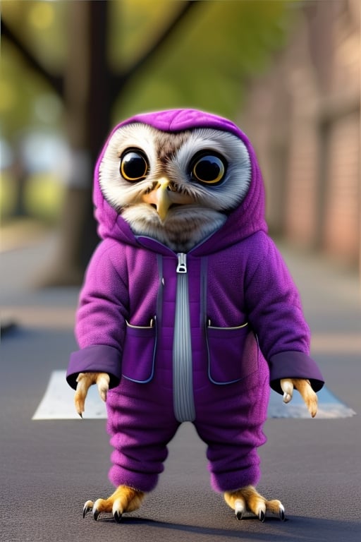 Little owl in a purple dinosaur jacket