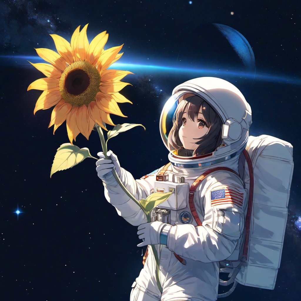 (masterpiece), full body photoshot, best quality,ultra_detailed,highres,absurdres:1.2), an anime girl astronaut,  colourful, she holding sunflower, starry sky, lens_flare, cosmic theme, saturn in the background,
