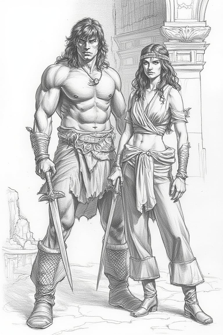 Pencil drawing, graphite hard, sketch, smooth shading, A detailed masterpiece magazine cover by Kentaro Muira, front view, 1 boy, Conan the barbarian/(sword in both hands, bronze skin, black hair, blue eyes, clean shaven, no facial hair)\ standing beside 1 girl,/( Female Physique: Tall, full-bosomed, large-limbed, compact shoulders Hair: Long, tied back with a bandana worn across her brow Facial Expression: Determined, confident Attire:Top: Low-necked, wide-collared, open neck line,close fitting around the torso, silk shirt. Pants: Wide-legged, brown breeches, knee-length Accessories: Wide silken sash at waist worn as a girdle, sword sheath on belt Footwear: Flared-top boots of soft leather, reaching almost to knees Art Style:Type:  Detail Level: Highly detailed, realistic Other Details:Pose: Standing with one leg forward, holding a sword in one hand, intense expression looking at viewer,)\ Aztec interior design ruins background,  (((text in Crom font that reads 'Red Nails' ))),Pencil drawing,FLUX comics style