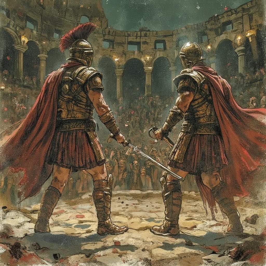 High-contrast photo of a Roman collosseum. Two battle-scarred gladiators face off with gladius in hand as a crowd cheers them on. The scene is violent and cryptic to the eerie and menacing atmosphere. 
textured, lowres, vintage, grainy, dusty, noisy, horror, dark, scary, beautiful, illustration, backlight, light particles, texture,film grain,blurry,d4rkc0mic 