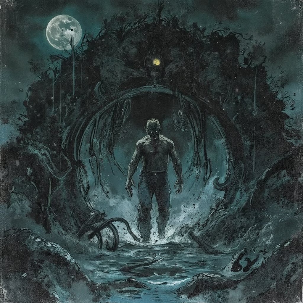 High-contrast photo of a dark black teleportational portal with large tentacles pulling a terrified man into it.  The scene is demonic and evil adding to the eerie and menacing atmosphere. The background features a dark moonlit sky with ominous clouds, with faint light ill
textured, lowres, vintage, grainy, dusty, noisy, horror, dark, scary, beautiful, illustration, backlight, light particles, texture,film grain,blurry,d4rkc0mic 