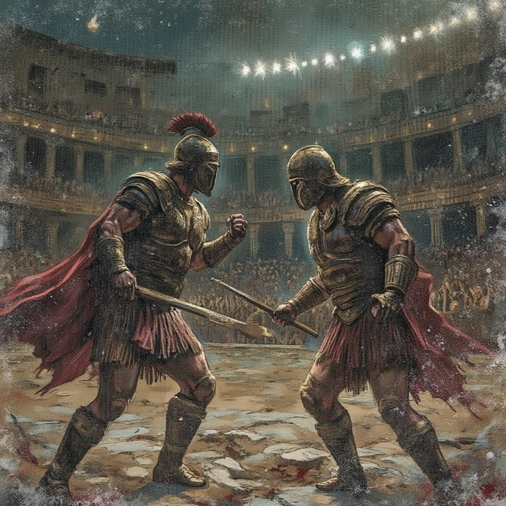 High-contrast photo of a Roman collosseum. Two battle-scarred gladiators face off with gladius in hand as a crowd cheers them on. The scene is violent and cryptic to the eerie and menacing atmosphere. 
textured, lowres, vintage, grainy, dusty, noisy, horror, dark, scary, beautiful, illustration, backlight, light particles, texture,film grain,blurry,d4rkc0mic 