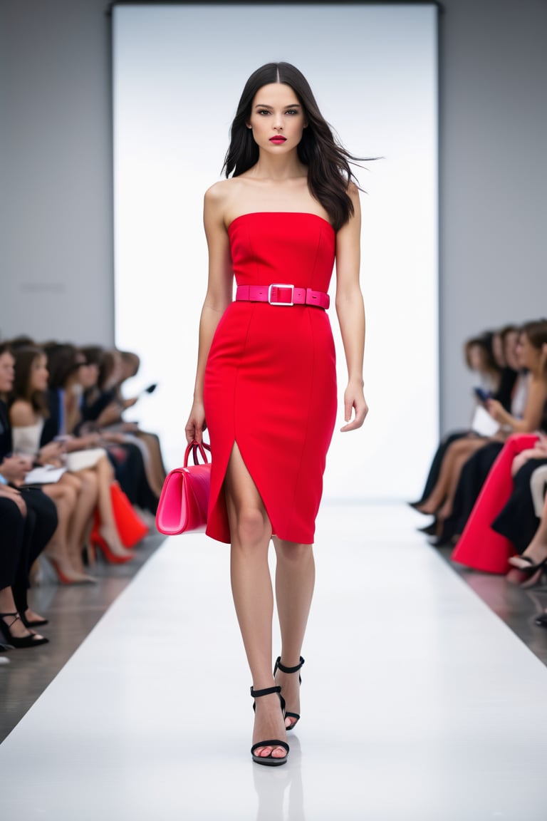 Wide angle fashion photography, (Woman Snow White (Snow White), SnowWhiteXLP ,walking runway in vibrant red strapless dress:1.3), Rule of thirds composition, Short fitted dress, (Bright pink pocket details:1.2), Thin modern belt, (Matching red clutch:1.3), Straight long hair, Graceful on shoulders, Serious determined expression, (Black high-heeled sandals:1.2), Legs elongated, Sophisticated appearance, Minimalist white or light grey background, Highlighting outfit and walk, Clear sharp lighting, Emphasizing dress and accessories, Captured with a Canon EOS 5D Mark IV, 50mm f/1.2 lens, High dynamic range, Vivid colors, Crisp details.