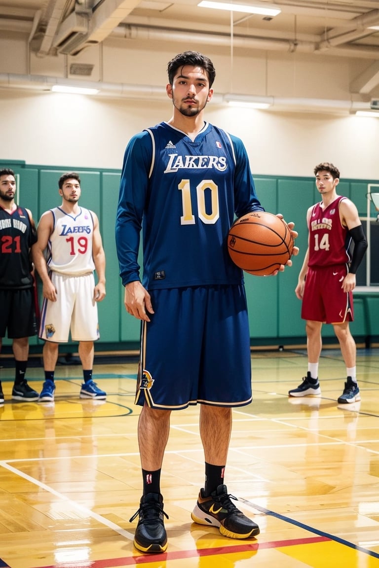 Ten 30-year-old middle-aged men, 10 boys stand in front of the camera, asian, playing basketball on the court, real people, with 5 basketballs, wearing Lakers jerseys, looking at viewer, black hair, long sleeves, indoors, black eyes, realistic, nose, Masterpiece, best quality, super detailed, 8k, (full body image), lifelike, emotionality, ,xmurry, PORTRAITS