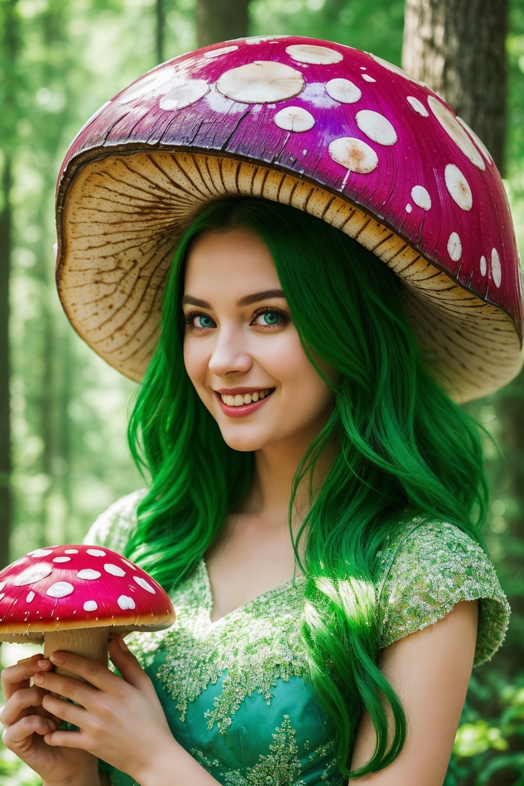 beautiful girl , wearing gloral dress, green hair, blue eyes, holding colorful magical mushrooms, (((holding a giant magical mushroom))), (smile), ((big detailed mushrooms)), russian face, best quality, ultra quality, ((ultra realistic)), ((hyper realistic)) , ((insane details)) , 8k, perfect scenery , detailed scenery, (vivid colors), (((extremely detailed background))) , amazing quality, very aesthetic, realistic aesthetic photo ,(HDR) , intricate detailed, RAW photo, amazing beauty, (dreamy), (fantasy), ((beautiful colors)), perfect trees, detailed trees, (PnMakeEnh),