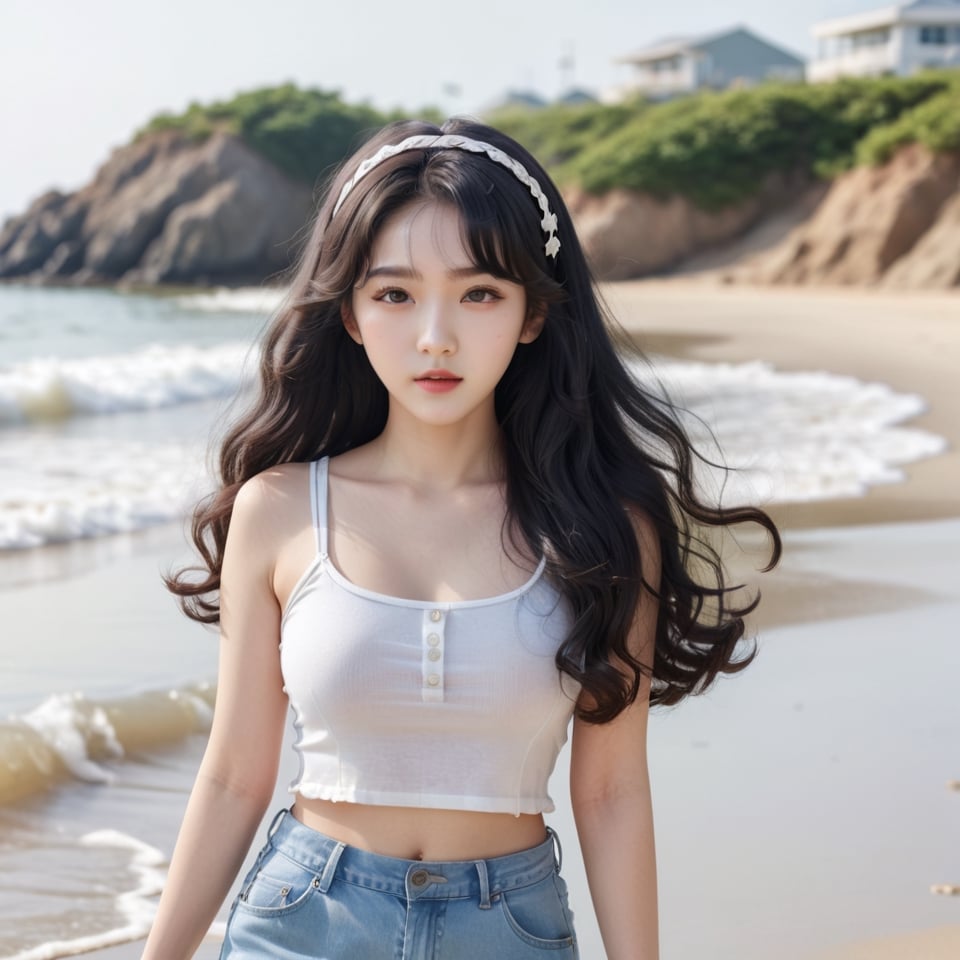 Create a Korean photo female star,  long black curly hair,  hair accessories by user_725291836217826196 on Tensor.Art