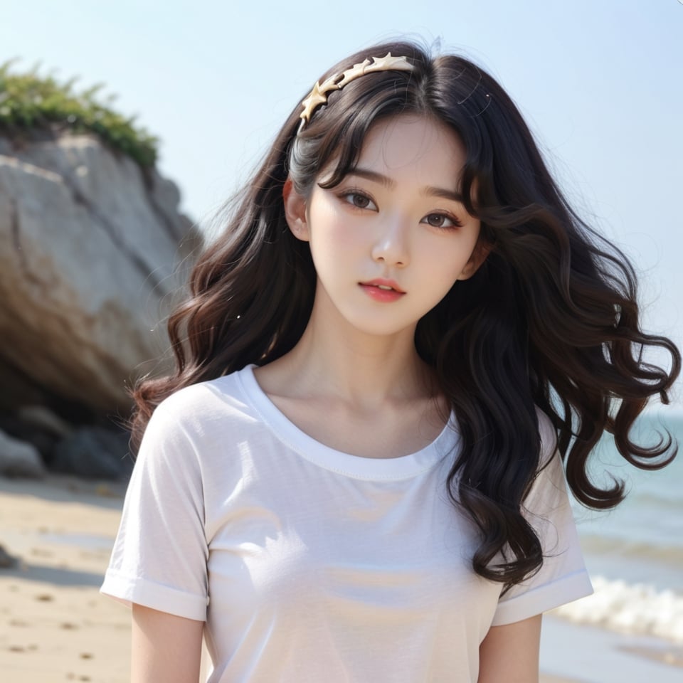 Create a Korean photo female star,  long black curly hair,  hair accessories by user_725291836217826196 on Tensor.Art