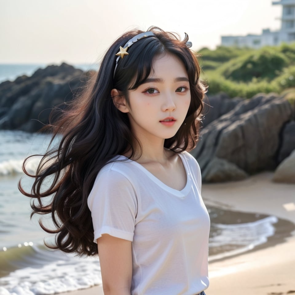 Create a Korean photo female star,  long black curly hair,  hair accessories by user_725291836217826196 on Tensor.Art
