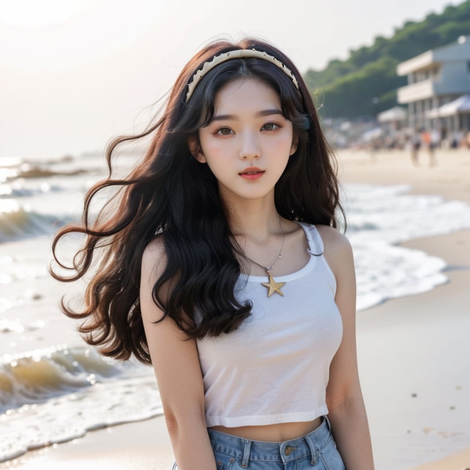 Create a Korean photo female star,  long black curly hair,  hair accessories by user_725291836217826196 on Tensor.Art