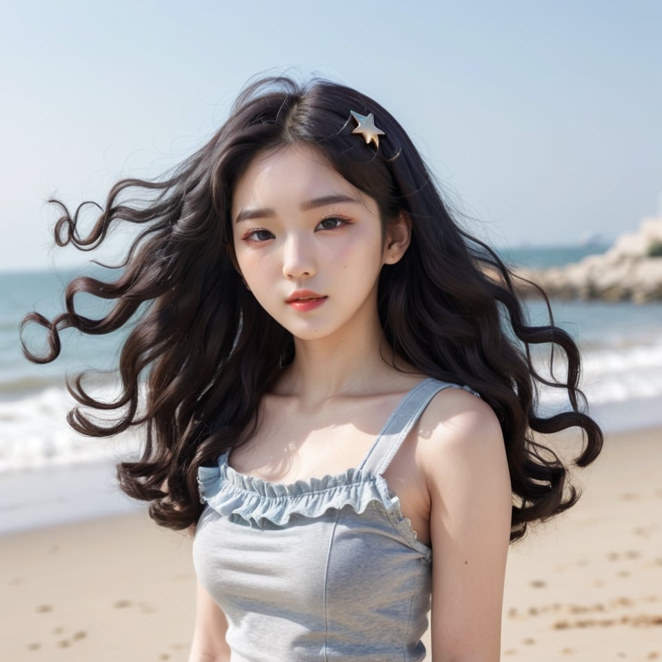 Create a Korean photo female star,  long black curly hair,  hair accessories by user_725291836217826196 on Tensor.Art