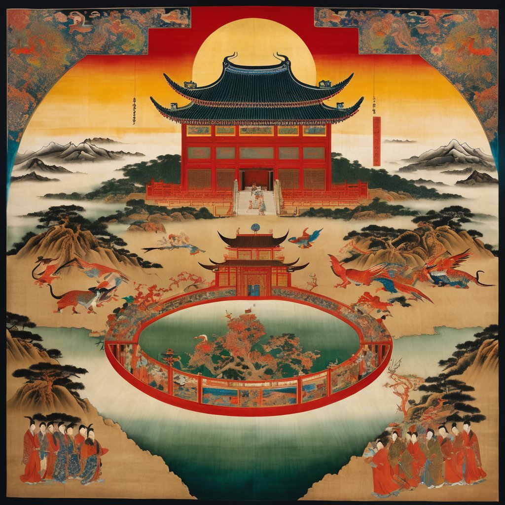 Recreate the T-shaped silk painting from Mawangdui Tomb No. 1 with vivid detail and rich symbolism reflecting the mythological and eschatological beliefs of early Western Han dynasty.

Top section:
Depict the celestial realm. In the upper right corner, include a bright red sun with a golden crow inside it, and eight smaller suns surrounding a Fusang tree below. In the upper left corner, show a crescent moon with a toad and jade rabbit on it, and Chang'e flying towards the moon. Between the sun and moon, place a seated Nüwa with a human head and snake body, her long red tail coiled around. Surround her with celestial cranes, considered auspicious heavenly birds. Below, illustrate beast-riding monsters suspending bronze bells in the air, with geese perched on the bells and a divine dragon roaring nearby. Separate the heavens from the human world with the heavenly gate, guarded by two leopards climbing the gate and gatekeepers bowing with hands clasped.

Middle section:
Illustrate the human realm. At the top, show a triangular canopy adorned with floral and bird motifs, with two phoenixes standing on top and a winged owl soaring beneath. Below, depict an elderly woman with a staff facing west. In front of her, two figures (possibly Taoist practitioners or servants) kneel and present offerings, while three maids follow her. On either side, show two dragons intertwined with a jade disk, and beneath them, feathered human-bird hybrids dressed in white, facing each other. Below, illustrate a sacrificial table set with offerings, indicating a ritual feast for the deceased. Show several people seated around the table, drinking and bidding farewell to the elderly woman.

Bottom section:
Represent the underworld. Show a nude strongman squatting in a horse stance, holding a flat white object symbolizing the earth above his head. He stands on entwined aquatic creatures resembling whales, with two mythical beasts at their tails. At the boundary between the earth and the underworld, include two spiritual turtles floating, with owls standing on their shells.,God's Angle,Chinese mythological figures,floatingisland,landscapes,Ink Painting,Dressed animals page,Satellite Aerial Photography