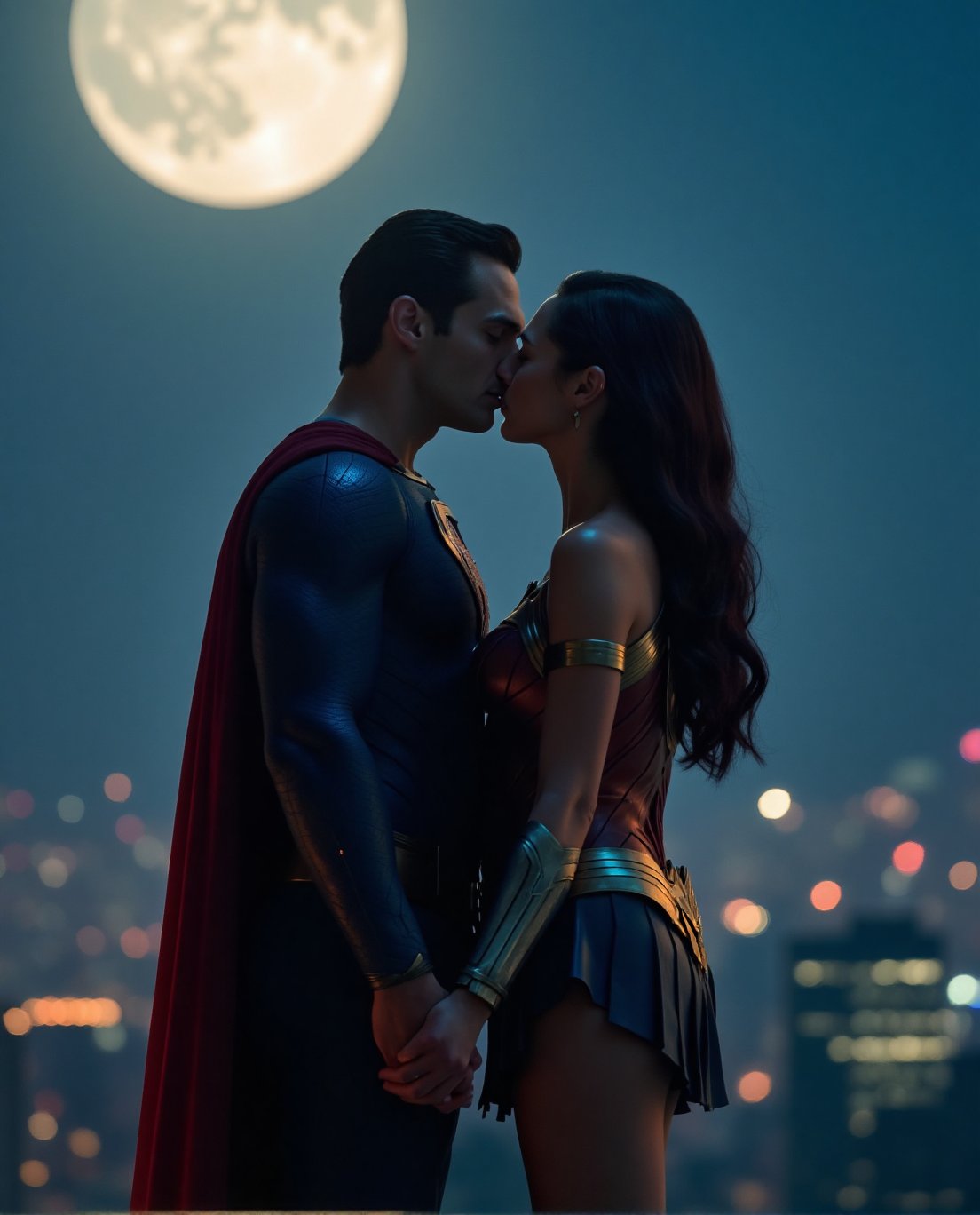 Superman kissing Gal Gadot as Wonder Woman on top of a building. Full moon night. Cinematic style. Photo. 8K.