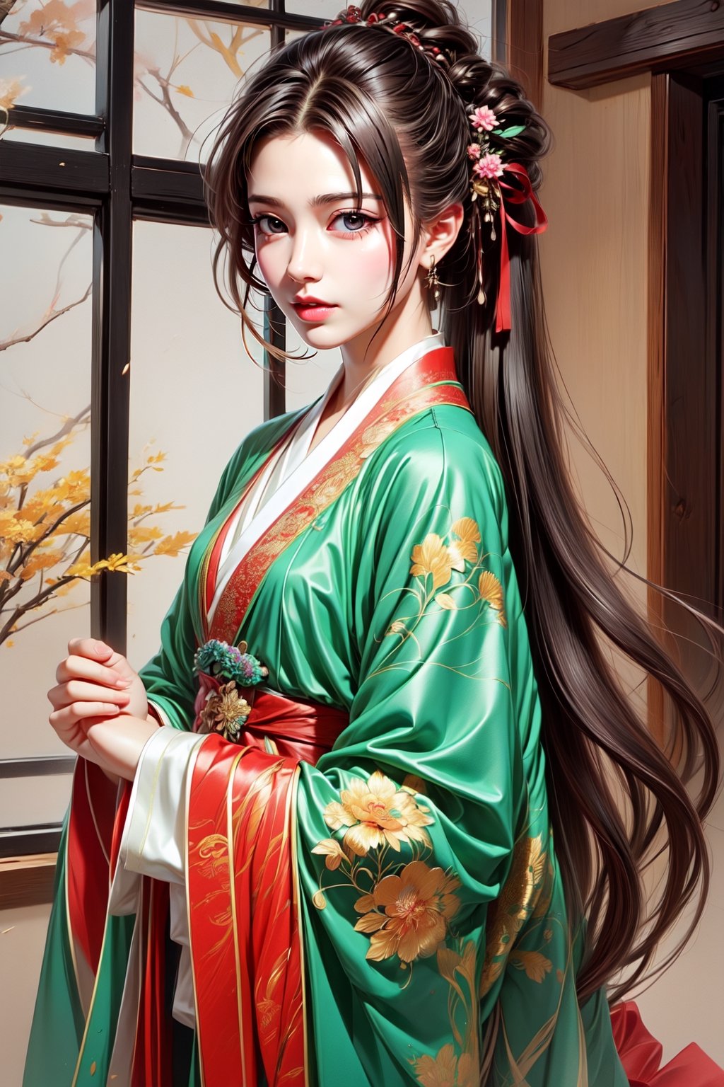 1girl, solo, long hair, looking at viewer, bangs, skirt, black hair, long sleeves, holding, brown eyes, standing, full body, ponytail, japanese clothes, indoors, wide sleeves, head tilt, red lips, hanfu