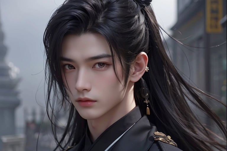 Chinese classical style, long eyes, sharp chin,Slender face shape, Produce a high-quality, high-resolution image of a young Asian man with an enigmatic and stoic expression. He should have long, dark hair that is loosely tied back, with some strands elegantly framing his face, adding to his mysterious demeanor. His eyes are sharp, penetrating, and hold a thoughtful gaze. He wears a traditional dark robe with subtle, intricate embroidery, which hints at his noble status. The setting should be atmospheric and slightly misty, featuring traditional architecture in the blurred background, suggesting a historical and mystical context.,masterpiece,girl,best quality,1guy,Handsome Thai Men,photorealistic