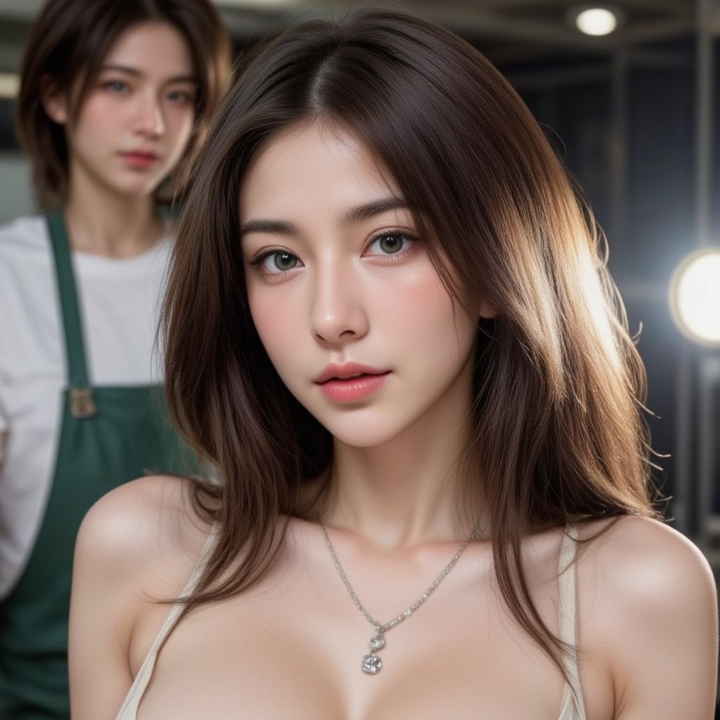 a close-up shot of a young Asian woman with long, wavy brown hair and dark eyes, is positioned in a seductive pose. She is wearing a silver necklace with a pendant, adorned with a silver charm, adding a touch of charm to her outfit. The backdrop is blurred, revealing a man in a white t-shirt and a green apron. The man's arm is positioned behind her, adding to the overall composition.