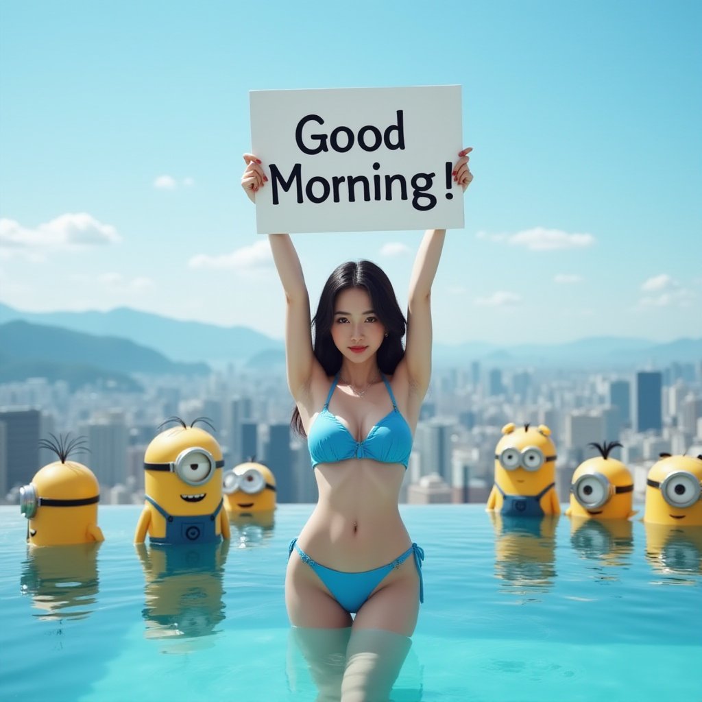 Realistic photo. Asian girls wearing blue bikini at the infinity pool in Tokyo.  She Holding uparm and holding a sign “Good Morning!”. Minions surround her. Hello Kitty surround her.