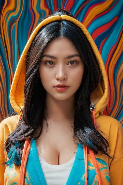 A stunning portrait of a young woman dressed in a vibrant, multicolored hoodie with swirling patterns of blue, orange, and teal. Her long, flowing hair cascades down her shoulders, complementing the intricate design of her outfit. The background mirrors the psychedelic patterns of her attire, creating a seamless, mesmerizing effect. The woman's expression is calm and confident, her gaze directed towards the viewer. The overall scene exudes a sense of bold, artistic flair and modern fashion.