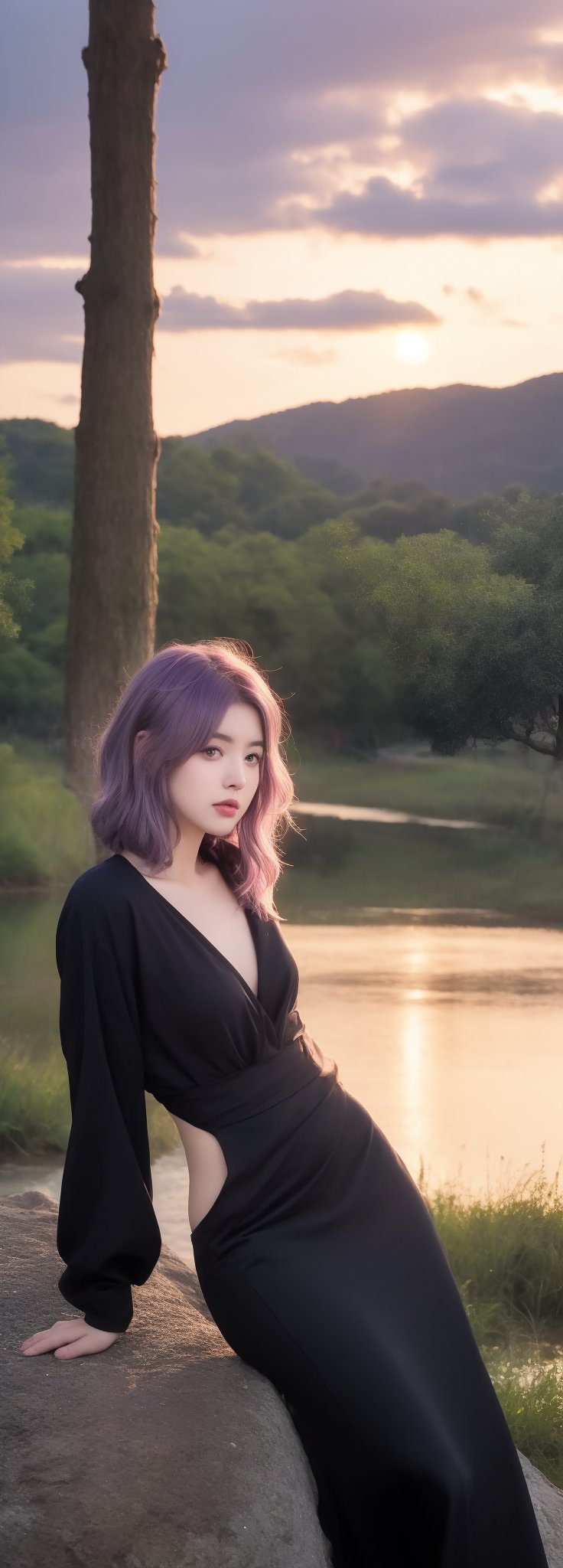 ((purple hairs)) Best work, (Best quality, ,HDR, 8k, 32k, raw photo, photorealistic, UHD:1.2), beautiful 20 year old girl in long black dress at the lakeside in a forest, eyes, pink hair, detailed face, perfect face, pond, dark sky, lights in the background, realism, red sky, detailed sky, realistic clouds, sun, bright environment, late afternoon, sun rays in the clouds,idol,Korean,perfect light,korean,beauty