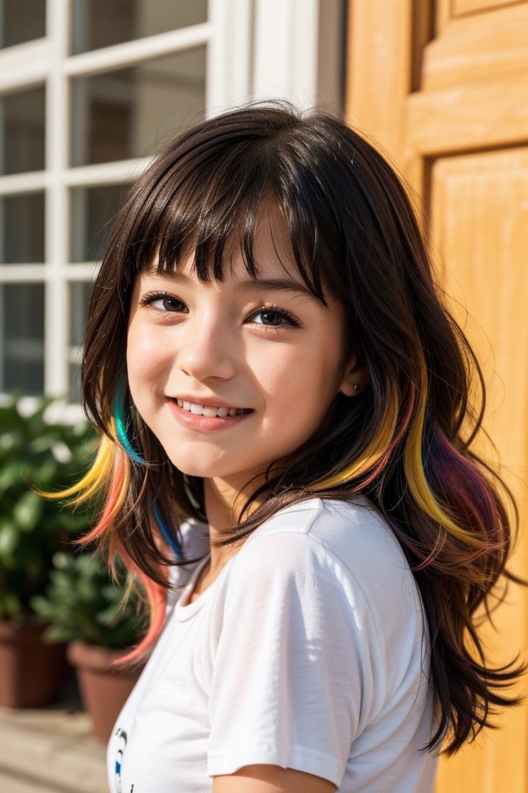 (Child character:1.2), (Colorful personality:1.3), Meet Lily, a cheerful little girl with a vibrant personality and a unique twist – her hair shimmers in all the colors of the rainbow. Her warm brown eyes radiate curiosity and kindness, making her a truly endearing character with a captivating appearance.