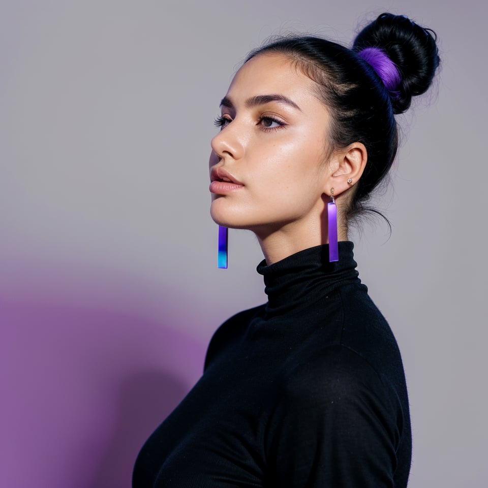 1girl, solo, short hair, black hair, jewelry, upper body, earrings, hair bun, black eyes, from side, gradient, gradient background, makeup, glowing, turtleneck, single hair bun, eyeshadow, purple background, hoop earrings