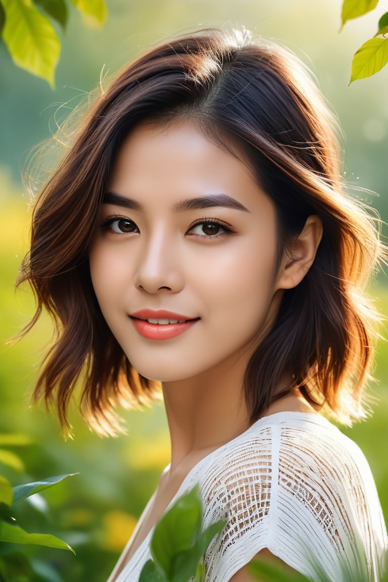 Create a yoursself as female beauty, high detailed, nature background, photo realistic, high quality,ssmiling, wide range of colours.,photo r3al,detailmaster2