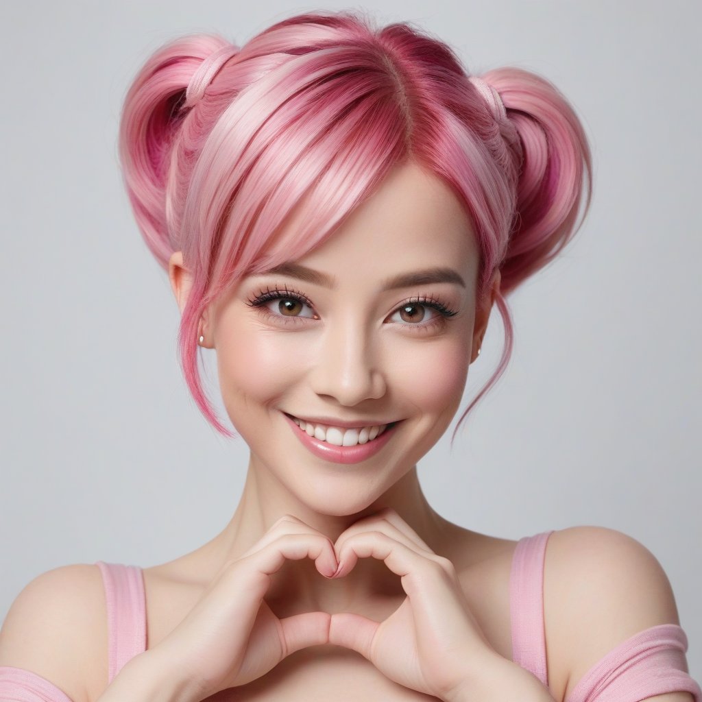 A woman with dyed pink hair, forming a heart with her hands, looking and smiling at the viewer, her head tilted slightly to one side