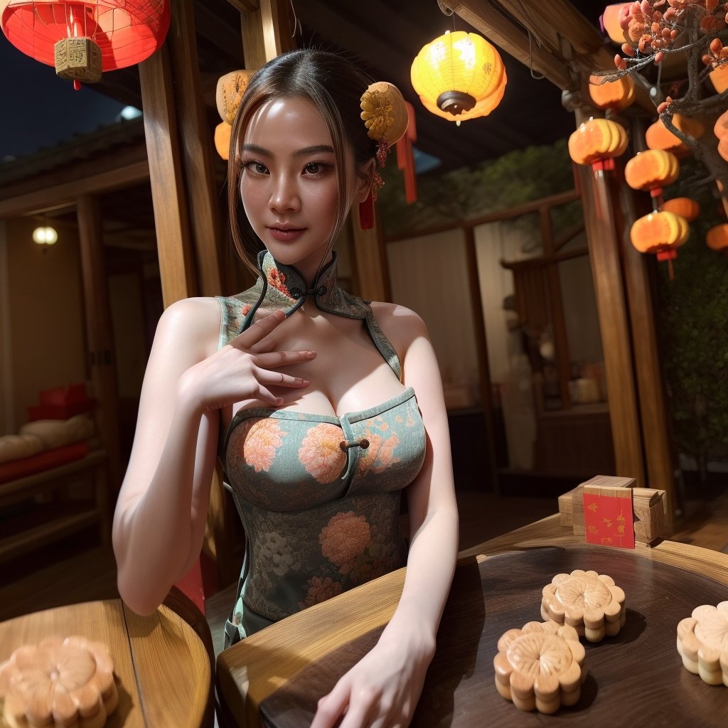 1womanl, 20yr old,((Chinese female celebrity)),The lens is shot from top to bottom,Chinese costumes,Gorgeous,the night,Ancient Chinese architecture,Chinese elements,Wooden dining table,((Mid-Autumn Mooncakes)),candlestick,Candle,lantern,,baifernbah