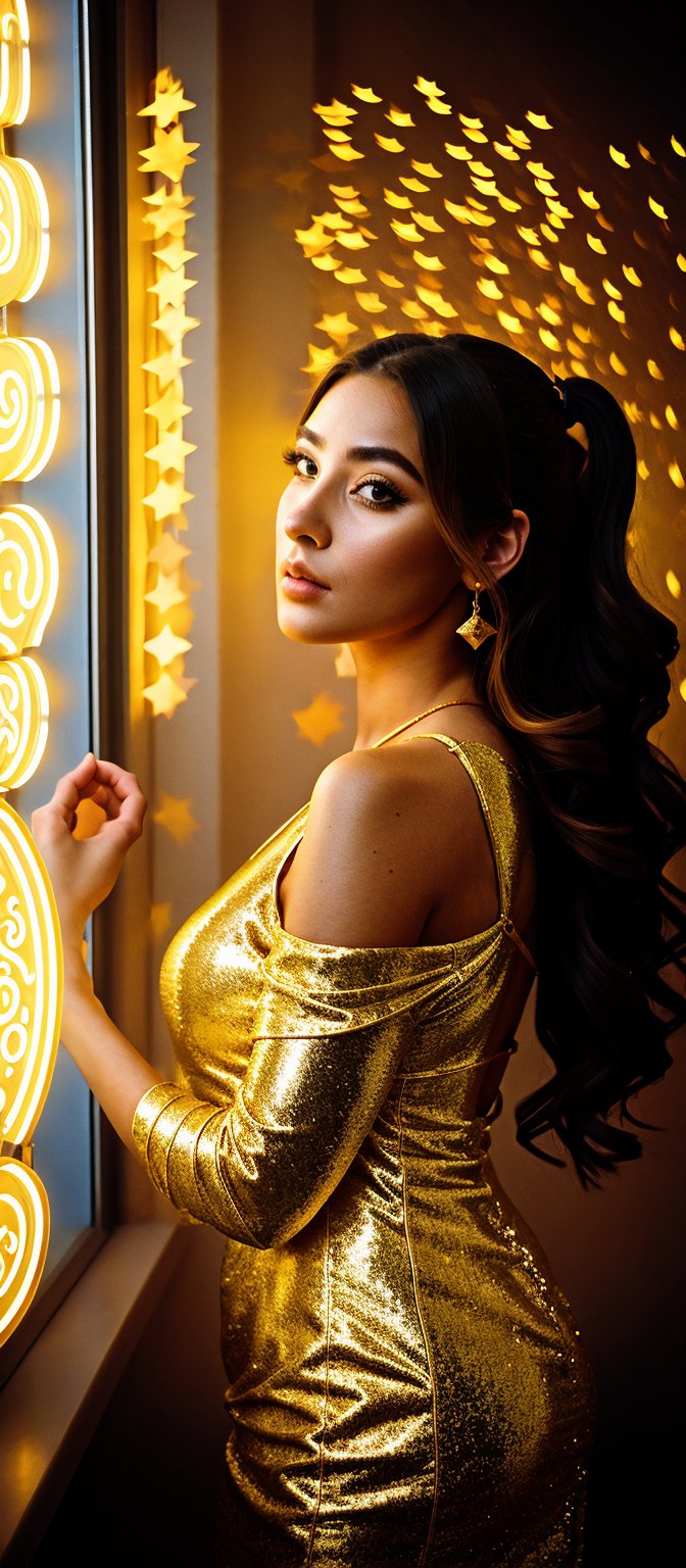 A majestic,  otherworldly beauty poses in a captivating profile view,  her gorgeously voluminous hair cascading down one s...