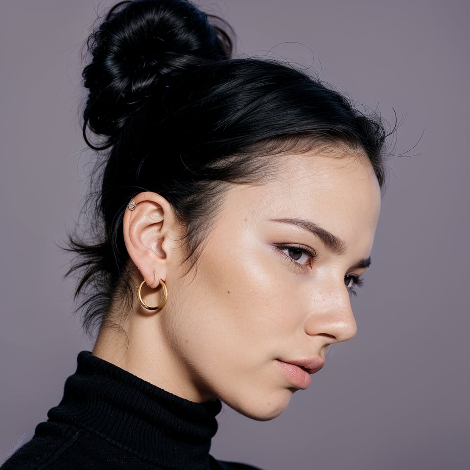 1girl, solo, short hair, black hair, jewelry, upper body, earrings, hair bun, black eyes, from side, gradient, gradient background, makeup, glowing, turtleneck, single hair bun, eyeshadow, purple background, hoop earrings