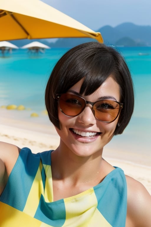 A smiling 22-year-old American girl, sporting a trendy bob-cut with short black hair, takes a selfie against the vibrant backdrop of Thai beaches. She's leaning against a colorful beach towel, wearing a bright yellow swimsuit and oversized sunglasses, her eyes squinting slightly from the tropical sunlight.