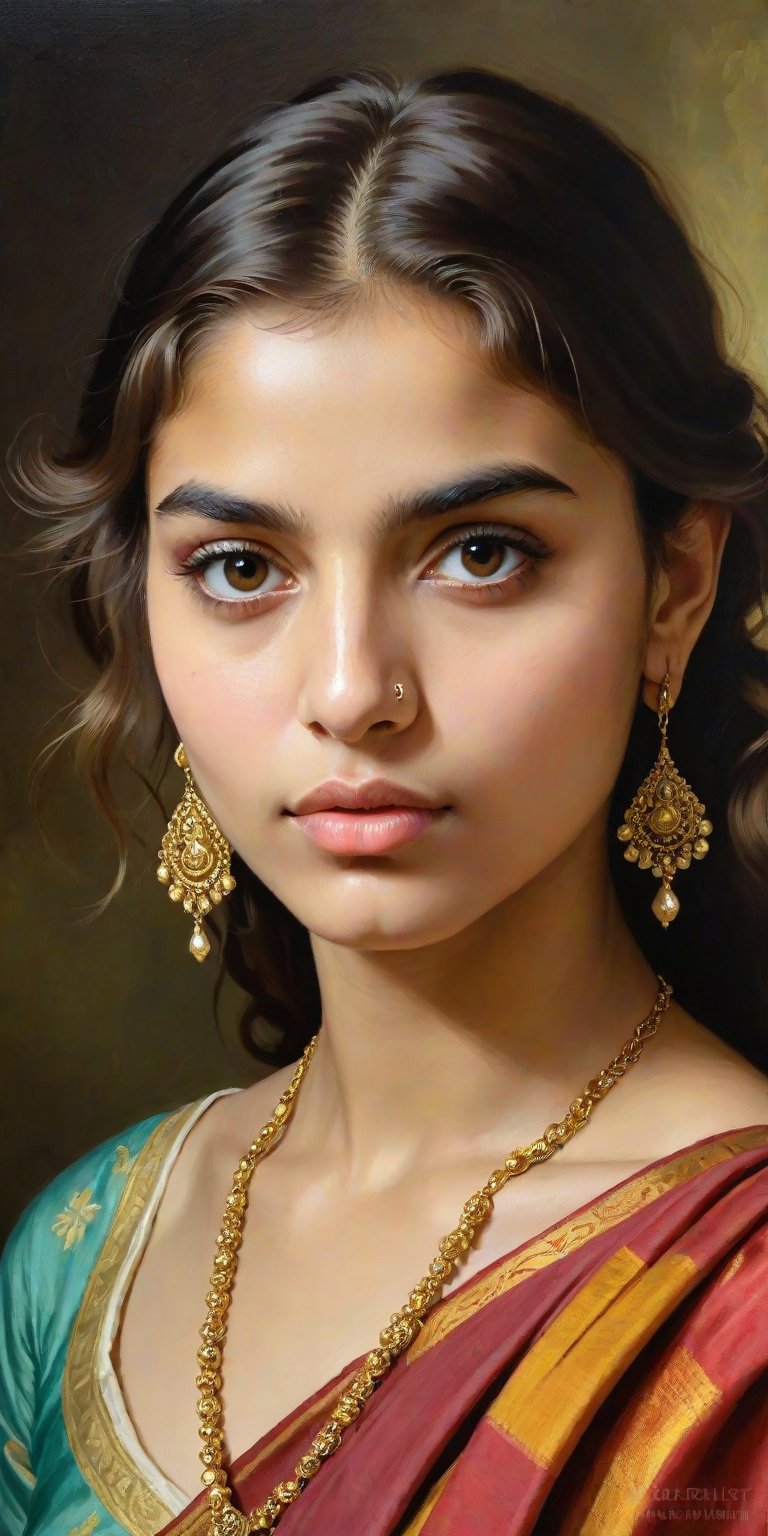 An oil painting in the style of John Singer Sargent and a print by Ivana Besevic, the lighting style of Rembrandt. A beautiful portrait of a 20-year-old Indian girl. A detailed, beautiful, girlish face. Narrow nose, beautiful, large eyes and full lips