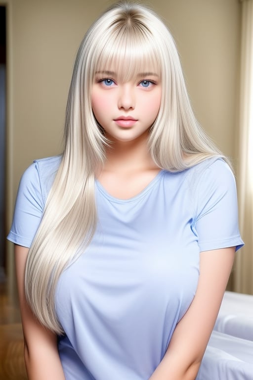 Unparalleled beauty, shiny shiny firm and shiny skin, bangs between eyes, shiny straight beautiful platinum blonde, super long straight silky hair, eyeliner, sexy beautiful innocent 14 years old, high definition big big beautiful bright blue eyes, beautiful and lovely girl, baby face, short sleeve shirt