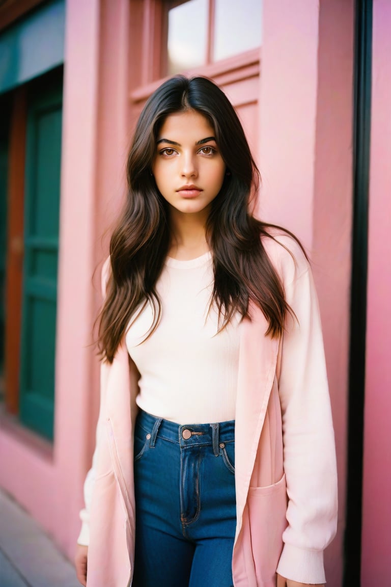 2016 Photo of a 16-year-old, mixed with Indian and White, Urban Outfitters model, with very long dark brown hair, hazel eyes, an alluring gaze, dynamic pose, pink background, mid-length shot, warm color tone, 35mm, shot on Kodak Ektar 100, realistic