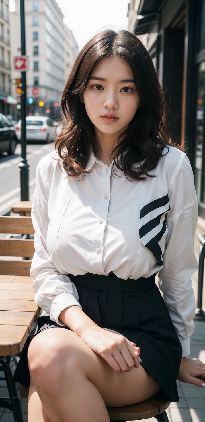 paris,street,outdoor cafe,parasol,table((coffee cups(straw),laptop,book,cellphone)),shoulder bag,
20 yo, 2 girl, beautiful korean girl,happy smile,drinking coffee,sitting(close legs) on the chair,
wearing white tight suit(laced blouse and jacket), tight short skirt,solo, {beautiful and detailed eyes}, dark eyes, calm expression, delicate facial features, ((model pose)), Glamor body type, (dark hair:1.2),hair_past_waist,curly hair,very long hair,simple tiny earrings, flim grain, realhands, masterpiece, Best Quality, 16k, photorealistic, ultra-detailed, finely detailed, high resolution, perfect dynamic composition, beautiful detailed eyes, eye smile, ((nervous and embarrassed)), sharp-focus, full_body, cowboy_shot,