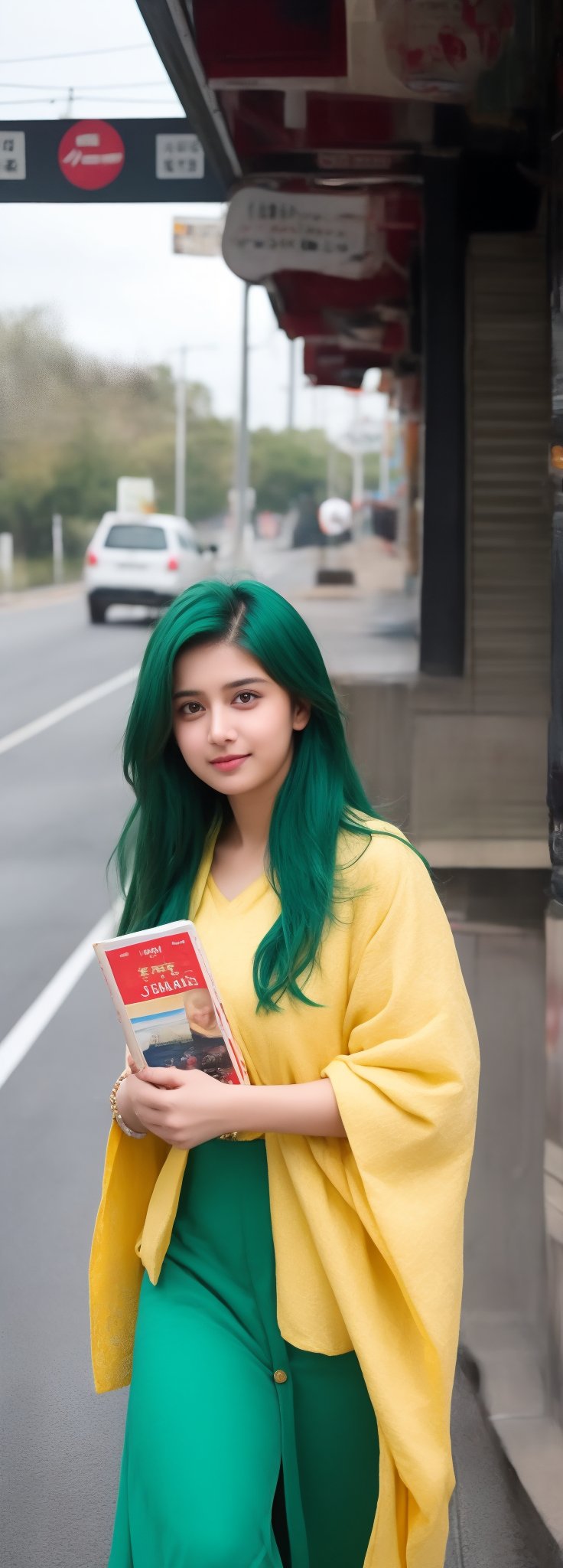 lovely  cute  young  attractive  indian  teenage  girl  in  a  pretty foreign dress,  23  years  old  ,  cute  ,  an  Instagram  model  ,  long  yellow-green_hair  ,  winter  ,  on the road  .  , books in hands „  Indian 