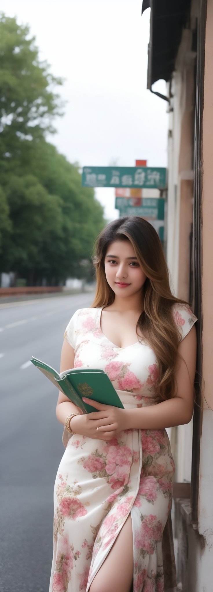 lovely  cute  young  attractive  indian  teenage  girl  in  a  pretty foreign dress,  23  years  old  ,  cute  ,  an  Instagram  model  ,  long  blonde_hair  ,  winter  ,  on the road  .  , books in hands „  Indian 