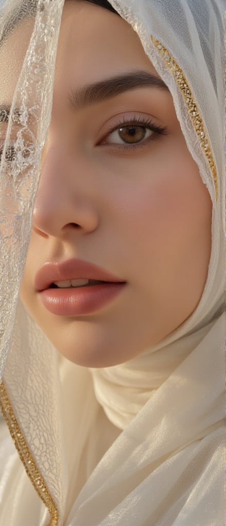 A mesmerizing extreme close-up of one side of CitraKirana's face,  the most beautiful girl in the world. Her piercing brow...