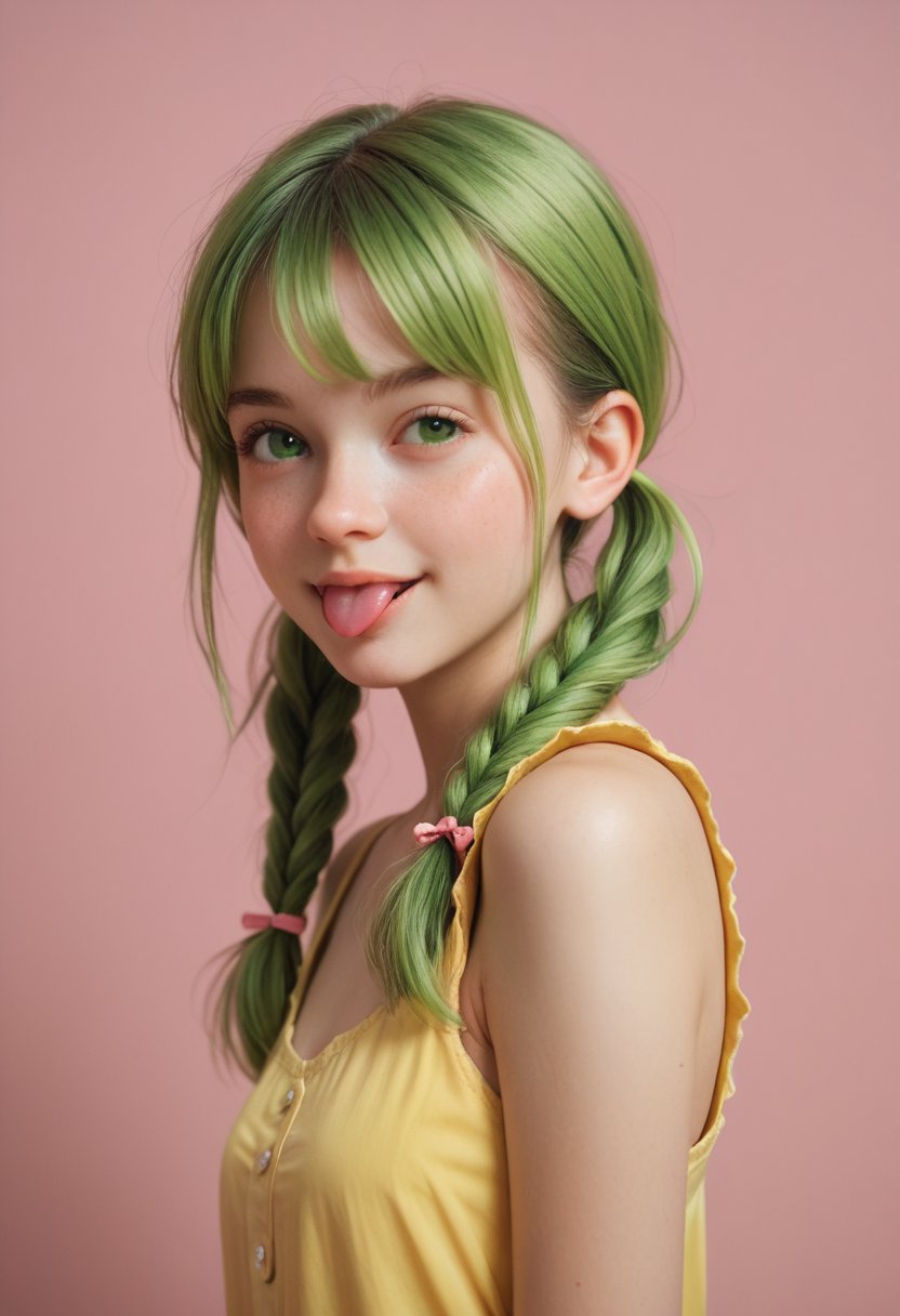 score_9, score_8_up, score_7_up, portrait of a cute woman with lime green hair, pigtails, pink background, closing one eye, winking, tongue out, from side angle, looking at viewer, yellow sundress,