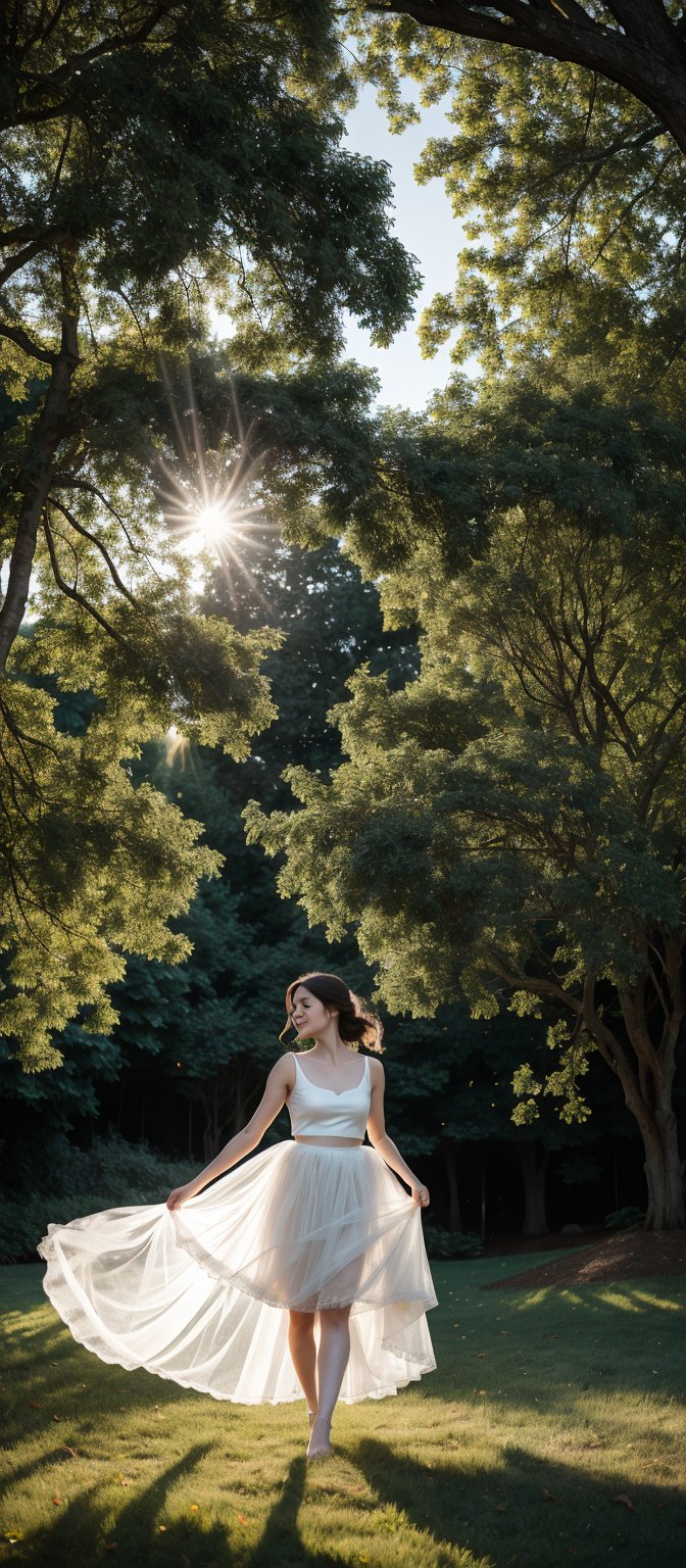 A graceful young woman wearing a delicate tulle skirt and a simple fitted top, spinning playfully in a blooming garden. The layers of tulle in her skirt create a dreamy, fairytale-like effect as they twirl with her movement. The camera captures her from a low-angle shot with a 35mm lens, emphasizing the volume and flow of the skirt as she spins. The lighting is soft, with golden sunlight filtering through the trees, creating a magical atmosphere, ek_ph0t0_b00ster