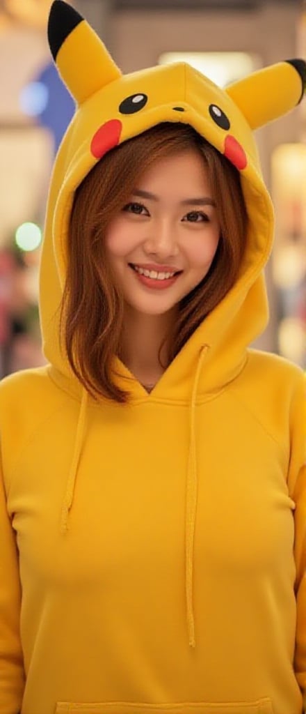 Upper body of a beautiful woman wearing a Pikachu hoodie,  smiling brightly. The background is softly blurred,  with warm...