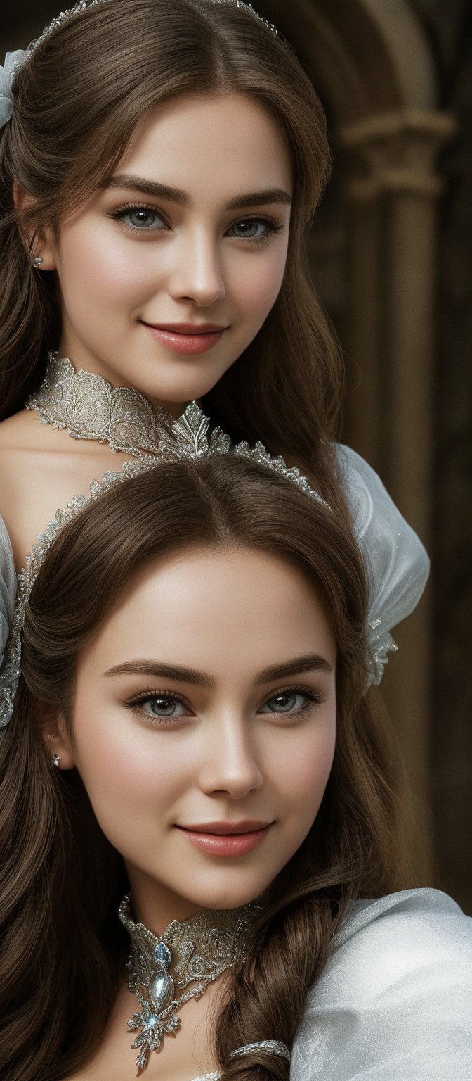 8k, (absurd, high-definition, super detailed), (1 lady), 1 knight, couple, princess and knight, mature and handsome man, young and beautiful lady, princess, high-definition facial features, clear skin color, natural texture, detailed eyes, The face is well-defined, the mouth and nose are lifelike, the eyebrows are expressive, the expression is vivid, the face is symmetrical and balanced, the face is bright and natural, the skin color is smooth, the facial features are close-up and detailed, the portrait is lifelike, (( (Masterpiece, best quality: 1.1))),, HD, comics, (super detailed)