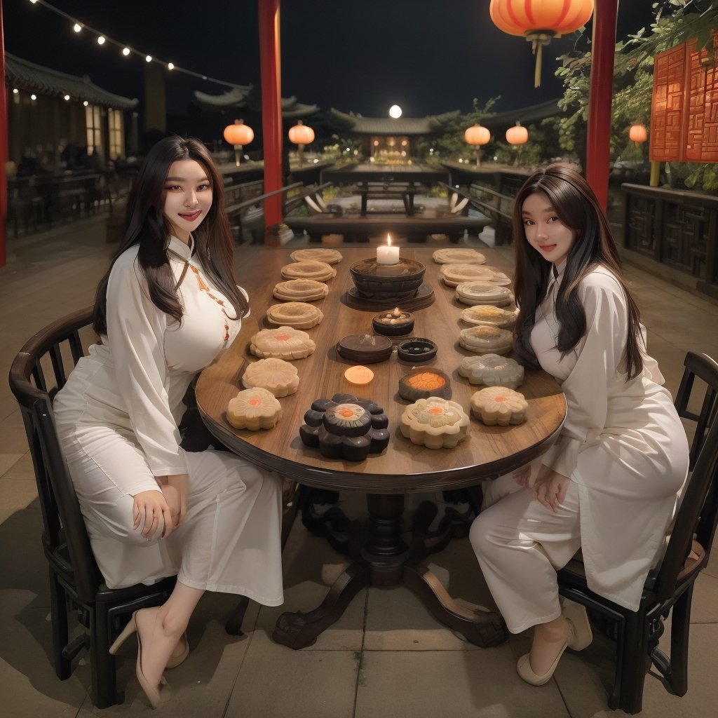 1womanl, 20yr old,((Chinese female celebrity)),The lens is shot from top to bottom,Chinese costumes,Gorgeous,the night,Ancient Chinese architecture,Chinese elements,Wooden dining table,((Mid-Autumn Mooncakes)),candlestick,Candle,lantern,,baifernbah,see_through