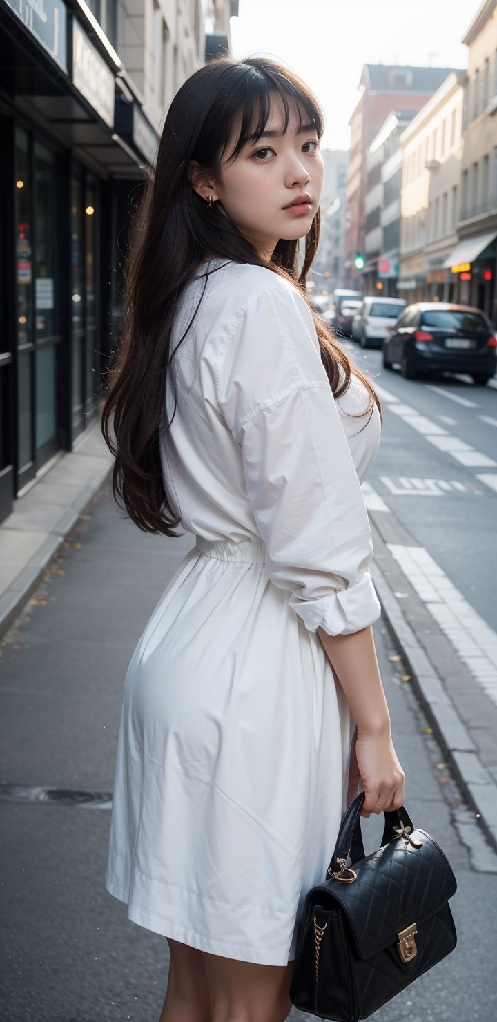 Beautiful and delicate light, (beautiful and delicate eyes), pale skin, big smile, brown eyes, black brown long hair, dreamy, c cup chest, 2000s (style), front shot, Asian girl, bangs, soft expression, height 170, elegance, bright smile, 8k art photo, realistic concept art, realistic, portrait, necklace, small earrings, handbag, fantasy, jewelry, shyness,  white_shirt, one piece dress, snowy street, footprints, stars_(sky), night_sky, ,JeeSoo 