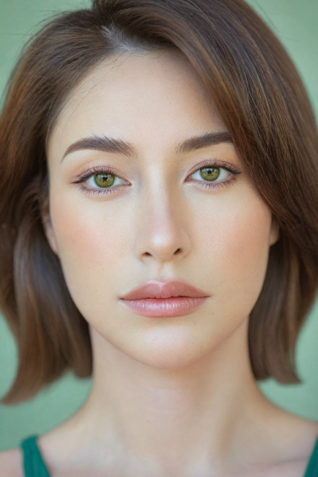 portrait of a confident, beautiful young woman. her shoulder length brown hair frames her face. natural beauty. beautiful green and brown eyes. catchlights in the eyes. full lips. The image has a neutral color tone with natural light setting. f/5.6 50mm, close-up, sharp focus, (Best Quality:1.4), (Ultra realistic, Ultra high res), Highly detailed, Professional Photography