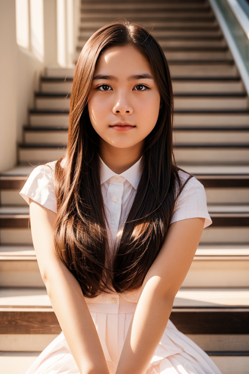 high school student,girl,school uniform,sitting on stair,Best Quality, 32k, photorealistic, ultra-detailed, finely detailed, high resolution, perfect dynamic composition, beautiful detailed eyes, sharp-focus, cowboy_shot, 