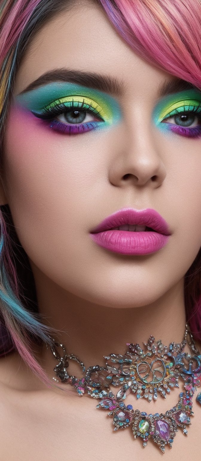 a close up of a woman with bright makeup and colorful eye makeup,  colorful rave makeup,  decora inspired by Ai Pro🏅 on T...