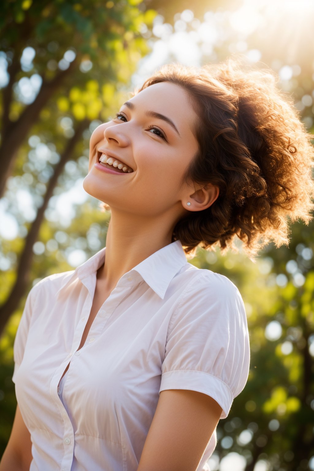 Masterpiece, top quality, high definition, artistic composition, 1 girl, upper body, composition from below, smiling, cotton shirt, looking at me, blue sky, sunlight through trees, casual, portrait, warm, reaching out