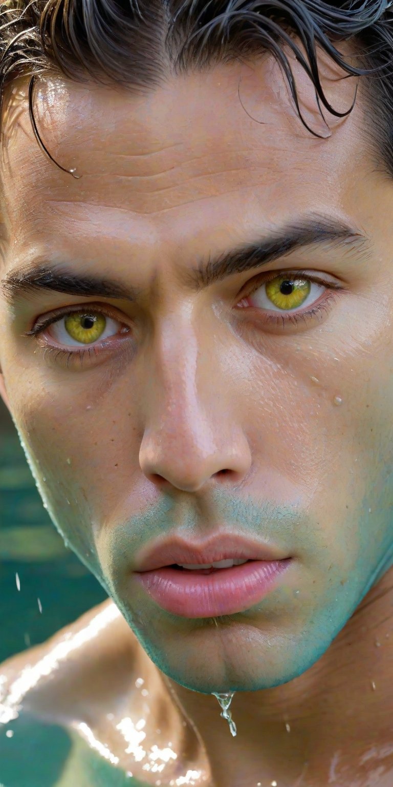 Lo'ak as a reef Na'vi, male, realistic Lo'ak, in the water, wet hair, hissing, turquoise_skin, yellow_eyes, Metkayina, beautiful na'vi, looking-at-viewer, facing_viewer, Ronal, Tsireya, Aonung, skin details, skin pores, realistic_eyes, hyper_realistic, extreme details, HDR, 4k quality, perfect quality, HD quality, movie scene,Read description,ADD MORE DETAIL