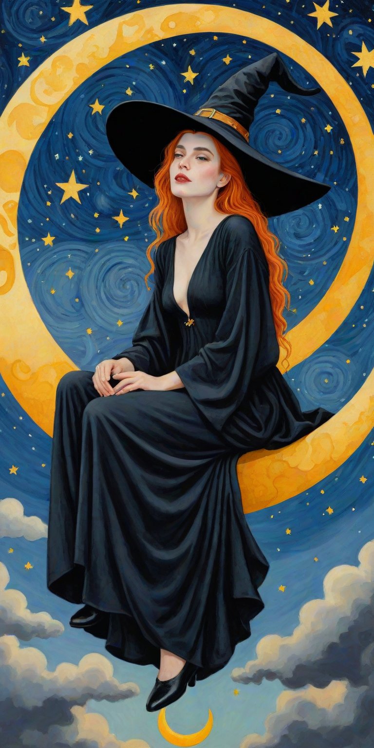 (masterpiece, top quality, best quality, official art, beautiful and aesthetic:1.2), (1girl:1.4), extreme detailed, a witch sitting on a crescent moon through a starry night, captured in the detailed gouache style of Hieronymous Bosch and Klimt,art_booster