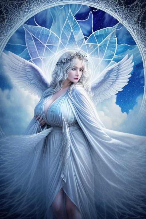 goddess, pattern cloak, patterned chiffon robe,(phoenix pattern tattoos),windy,wet_clothes,wet hair,white background,Dreamy clouds,spit a blue pentagram light,crystal and silver entanglement